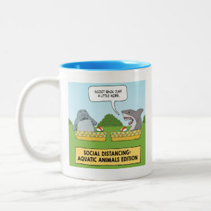 Funny Shark and Manatee Social Distancing Two-Tone Coffee Mug
