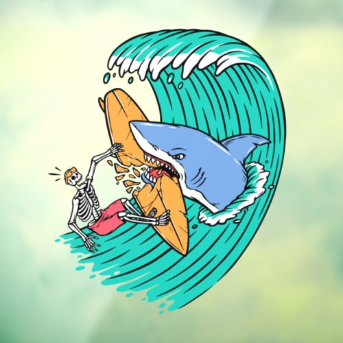 Funny Shark Attacks Surfer Skeleton Dude Window Cling