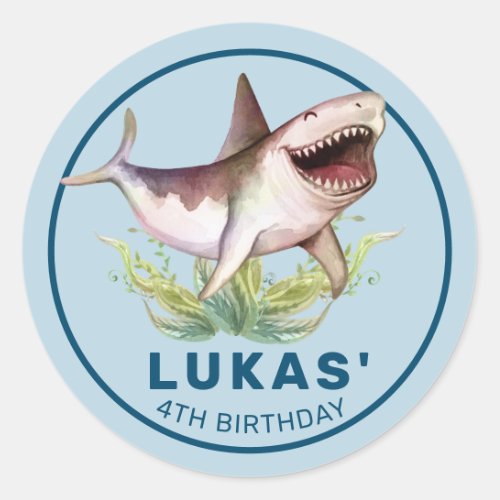 Funny Shark Blue Ocean Theme Kids Birthday Party Classic Round Sticker