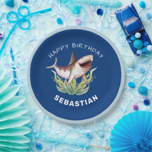 Funny Shark Boys Blue Ocean Birthday Party Paper Plates (Party)
