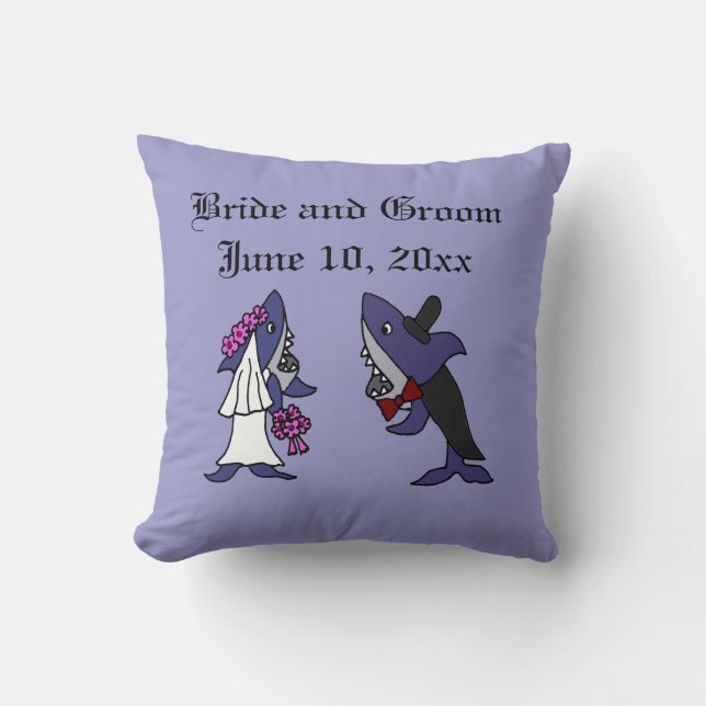 Funny Shark Bride and Groom Wedding Art Throw Pillow (Front)