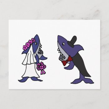 Funny Shark Bride And Groom Wedding Cartoon Postcard by AllSmilesWeddings at Zazzle