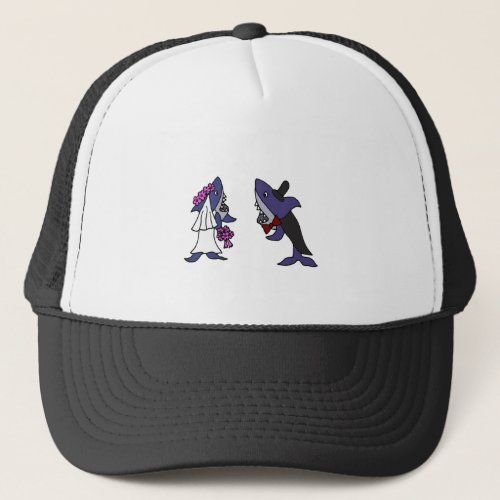 Funny Shark Bride and Groom Wedding Cartoon Trucker Hat