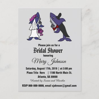 Funny Shark Bride And Groom Wedding Invitation Postcard by AllSmilesWeddings at Zazzle