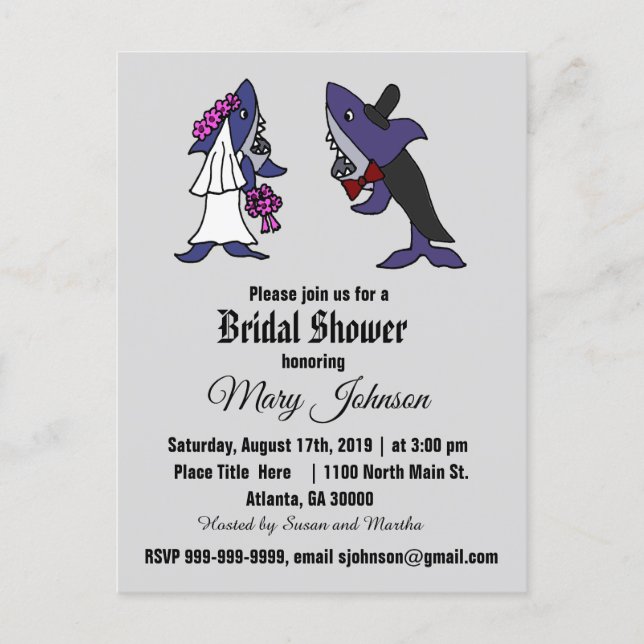 Funny Shark Bride and Groom Wedding Invitation Postcard (Front)