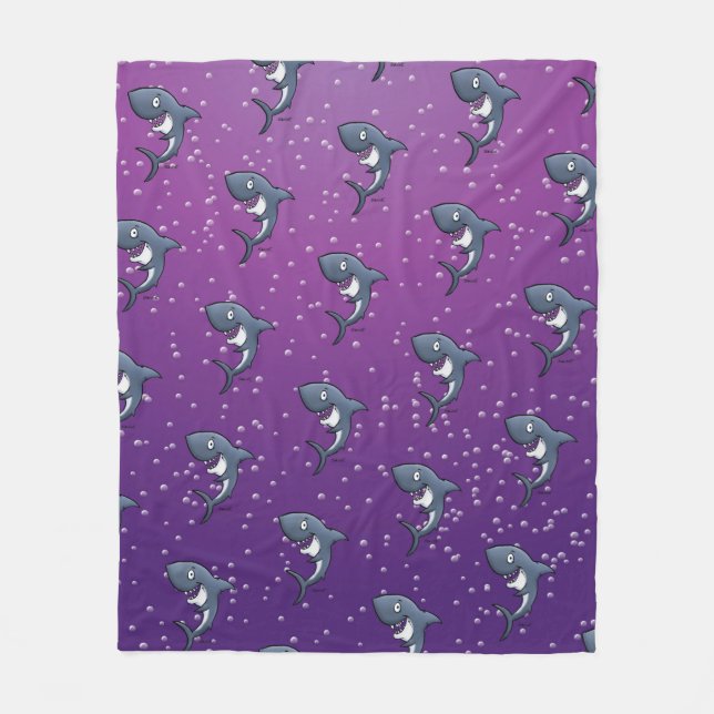 Funny Shark Cartoon Purple Bubbles Fleece Blanket (Front)