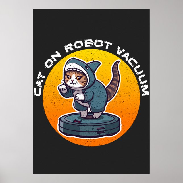 Funny Shark Cat On Robot Vacuum Retro Meme Art Poster (Front)