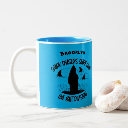 Funny shark chasers surfing club cartoon Two_Tone coffee mug