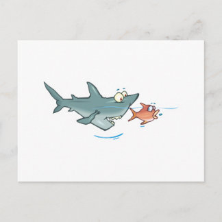 funny shark chasing fish postcard