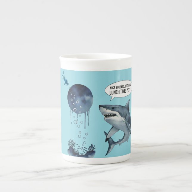 Funny shark diver lunch time :nice bubbles bro bone china mug (Front)