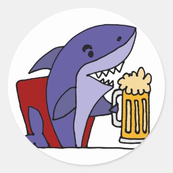 Funny Shark Drinking Beer Classic Round Sticker by sharksfun at Zazzle