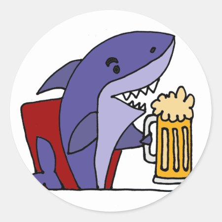 Funny Shark Drinking Beer Classic Round Sticker