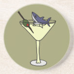 Funny Shark Eating Olive in Martini Glass Coaster<br><div class="desc">Wonderful artistic shark eating an olive in a martini glass coaster design makes a fun unique gift.  Can also add custom text and change background color when ordering.</div>