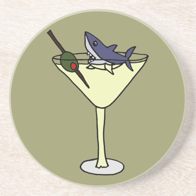 Funny Shark Eating Olive in Martini Glass Coaster (Front)