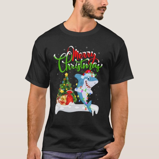 Funny Shark Fish Lover Xmas Lighting Shark Christm T-Shirt (Front)