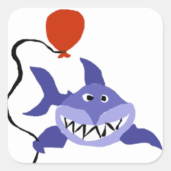 Funny Shark Holding Red Balloon Square Sticker by sharksfun at Zazzle