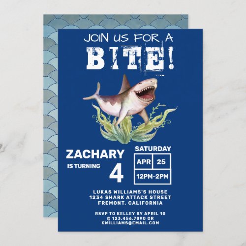 Funny Shark Join Us For a Bite Boys Birthday Party Invitation