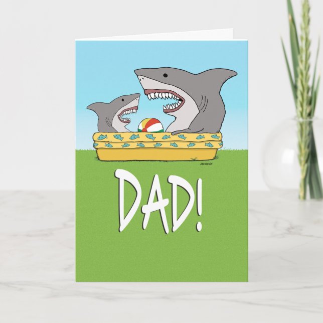 Funny Shark Kid and Dad in Pool Father's Day Card (Front)