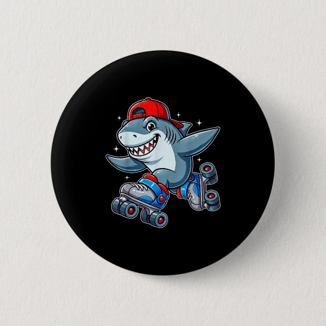 Funny Shark On Roller Skates Cute Cool Skater Anim Button (Front)