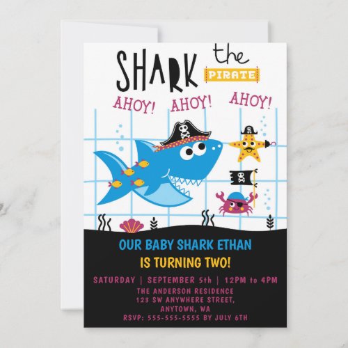 Funny Shark Pirate Birthday Party Invitation
