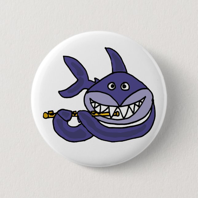 Funny Shark Playing Flute Cartoon Pinback Button (Front)