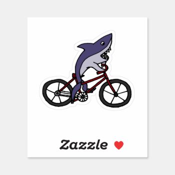 Funny Shark Riding Bicycle Cartoon Sticker by sharksfun at Zazzle