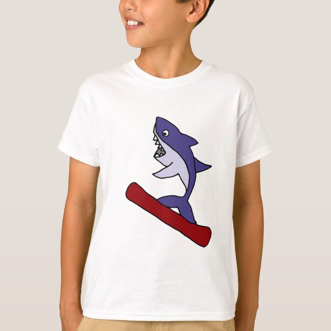 Funny Shark Snowboarding Cartoon T-Shirt (Front)