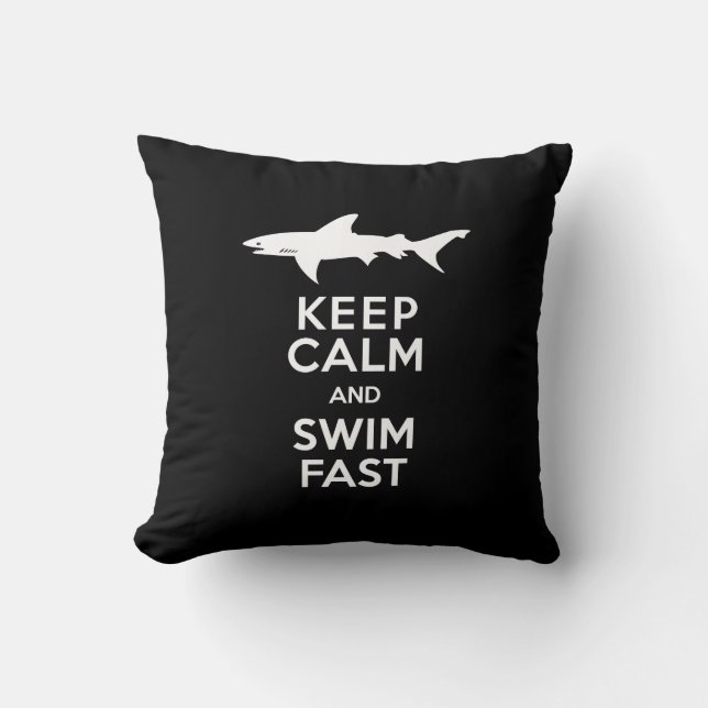 Funny Shark Warning - Keep Calm and Swim Fast Throw Pillow (Front)
