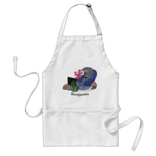 Funny shark watching TV cartoon Adult Apron