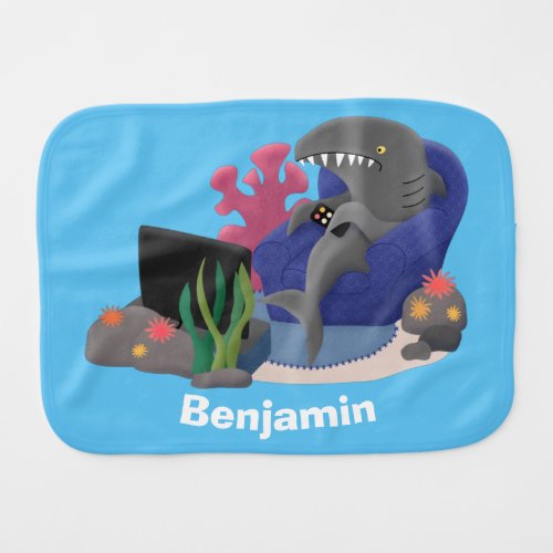 Funny shark watching TV cartoon Baby Burp Cloth