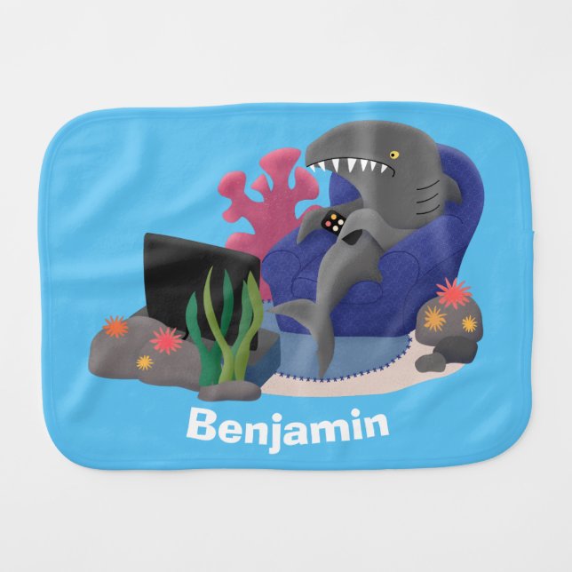 Funny shark watching TV cartoon Baby Burp Cloth (Front Horizontal)