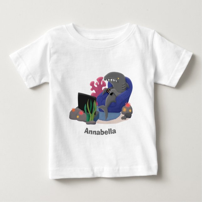 Funny shark watching TV cartoon Baby T-Shirt (Front)