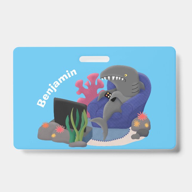 Funny shark watching TV cartoon Badge (Front)