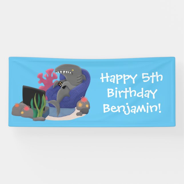 Funny shark watching TV cartoon Banner (Horizontal)