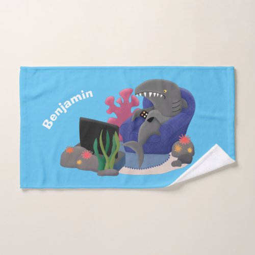 Funny shark watching TV cartoon Bath Towel Set