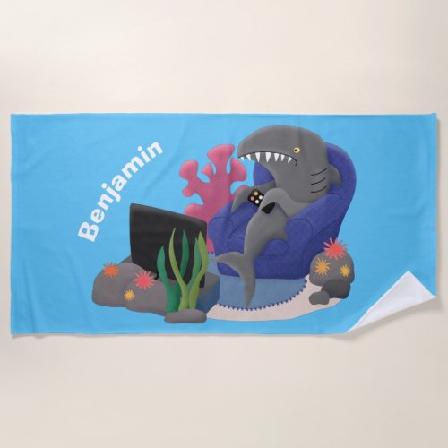 Funny shark watching TV cartoon Beach Towel