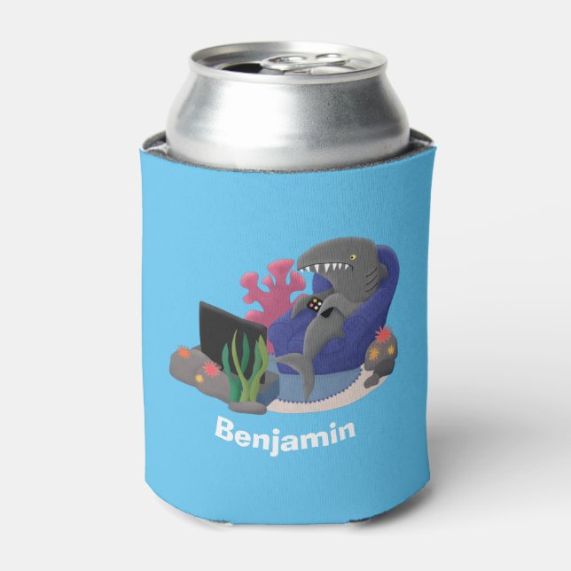 Funny shark watching TV cartoon Can Cooler (Can Front)
