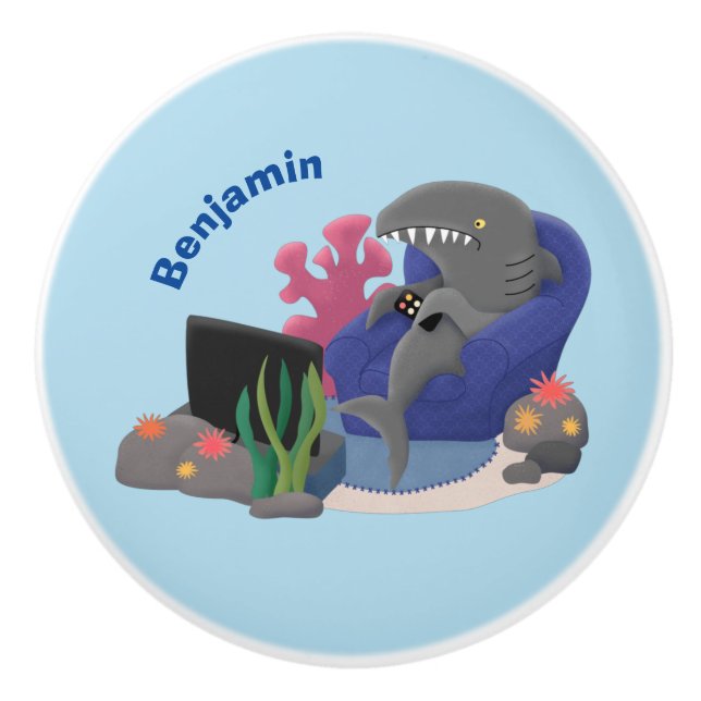 Funny shark watching TV cartoon Ceramic Knob (Front)