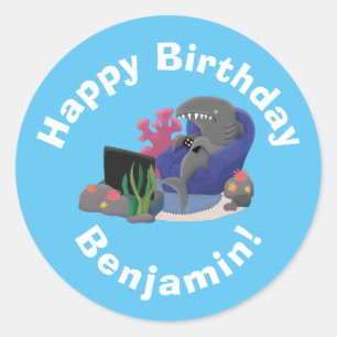 Funny shark watching TV cartoon Classic Round Sticker