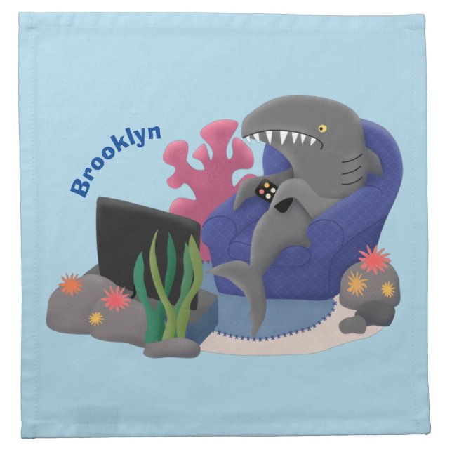 Funny shark watching TV cartoon Cloth Napkin (Front)