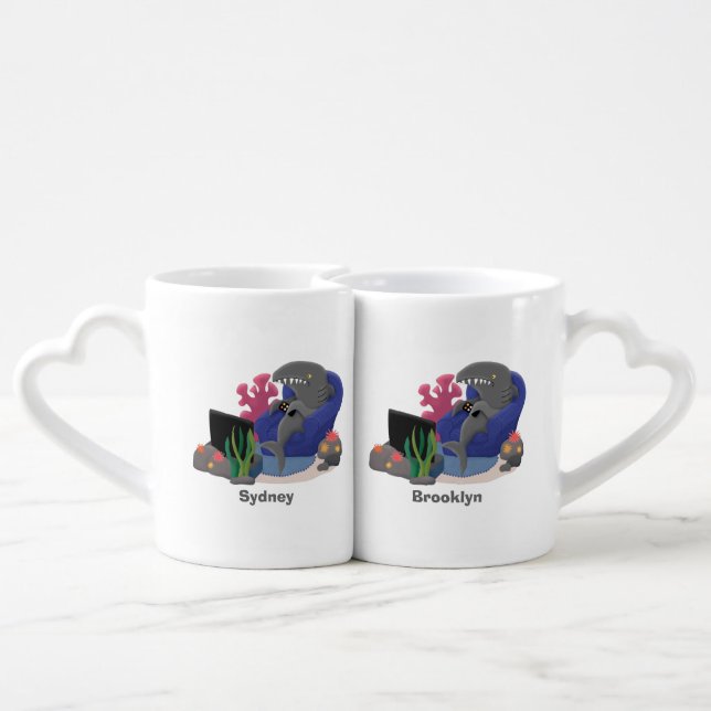 Funny shark watching TV cartoon Coffee Mug Set (Back Nesting)