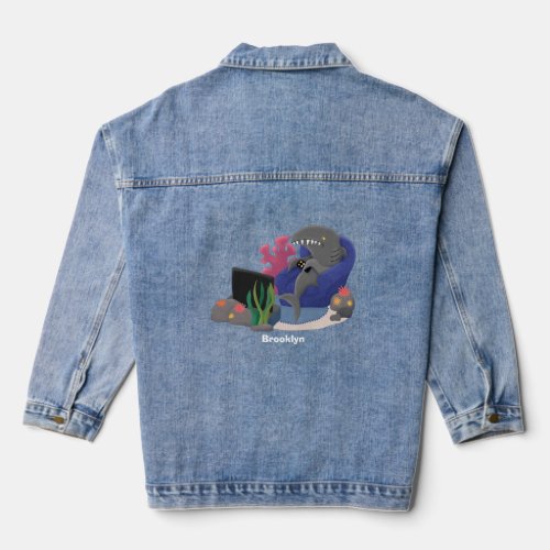 Funny shark watching TV cartoon Denim Jacket