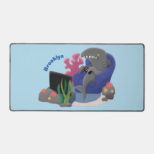 Funny shark watching TV cartoon Desk Mat