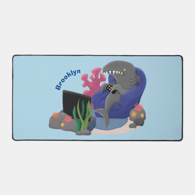Funny shark watching TV cartoon Desk Mat (Front)