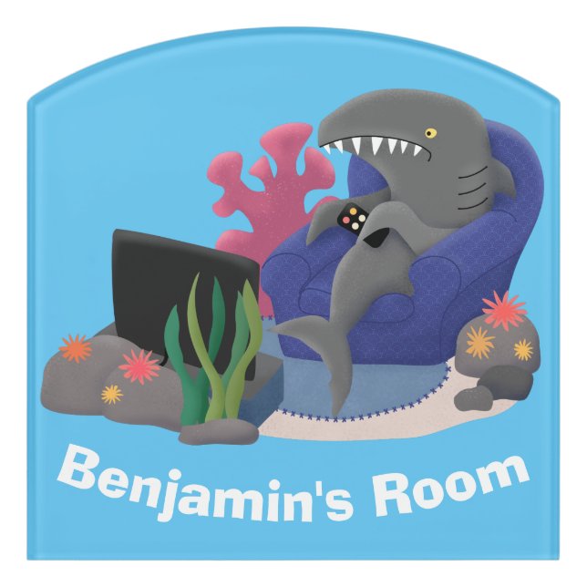 Funny shark watching TV cartoon Door Sign (Contour Front)
