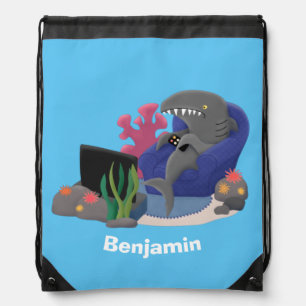 Funny shark watching TV cartoon Drawstring Bag