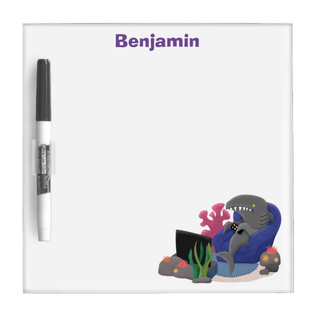 Funny shark watching TV cartoon Dry Erase Board (Front)
