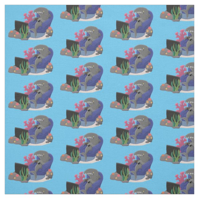 Funny shark watching TV cartoon Fabric (Swatch)