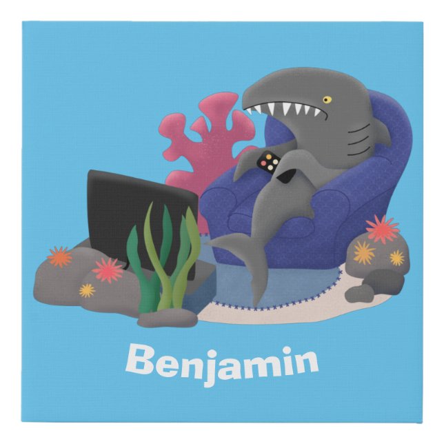 Funny shark watching TV cartoon Faux Canvas Print (Front)