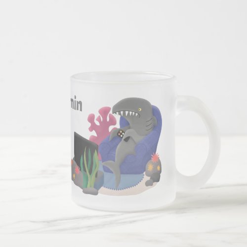 Funny shark watching TV cartoon Frosted Glass Coffee Mug